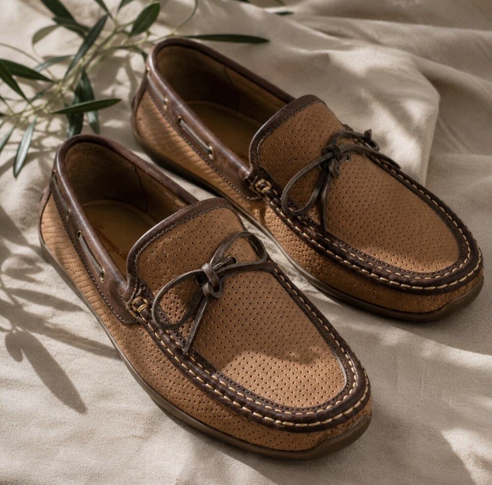 Tommy Bahama Odinn Camp Moc Mens 9.5M Tan Brwn Perforated Leather Driving Loafer